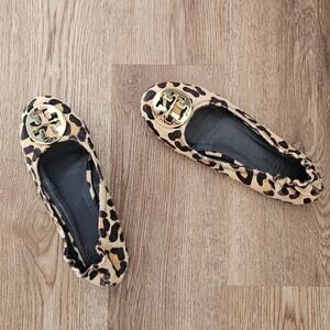 Tory Burch Reva Animal Leopard Print Calf Hair Classic Ballet Flats Shoes Size 8